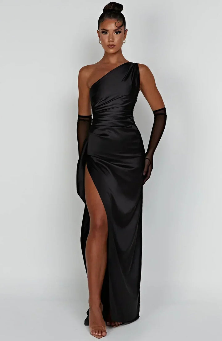 Delphi | Elegant One Shoulder Draped Satin Maxi Gown