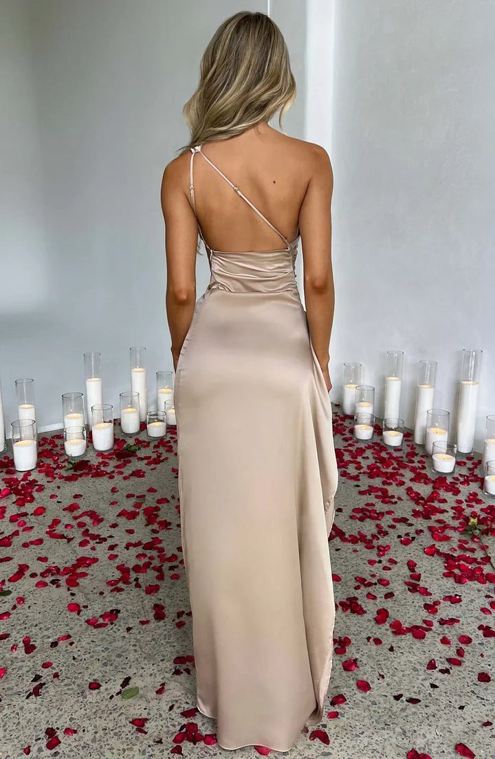 Delphi | Elegant One Shoulder Draped Satin Maxi Gown