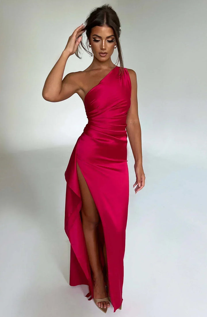 Delphi | Elegant One Shoulder Draped Satin Maxi Gown