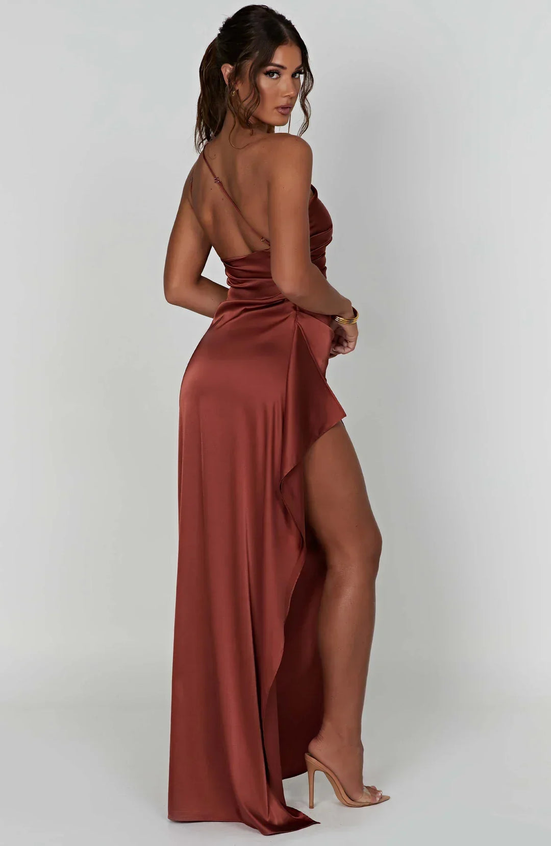 Delphi | Elegant One Shoulder Draped Satin Maxi Gown