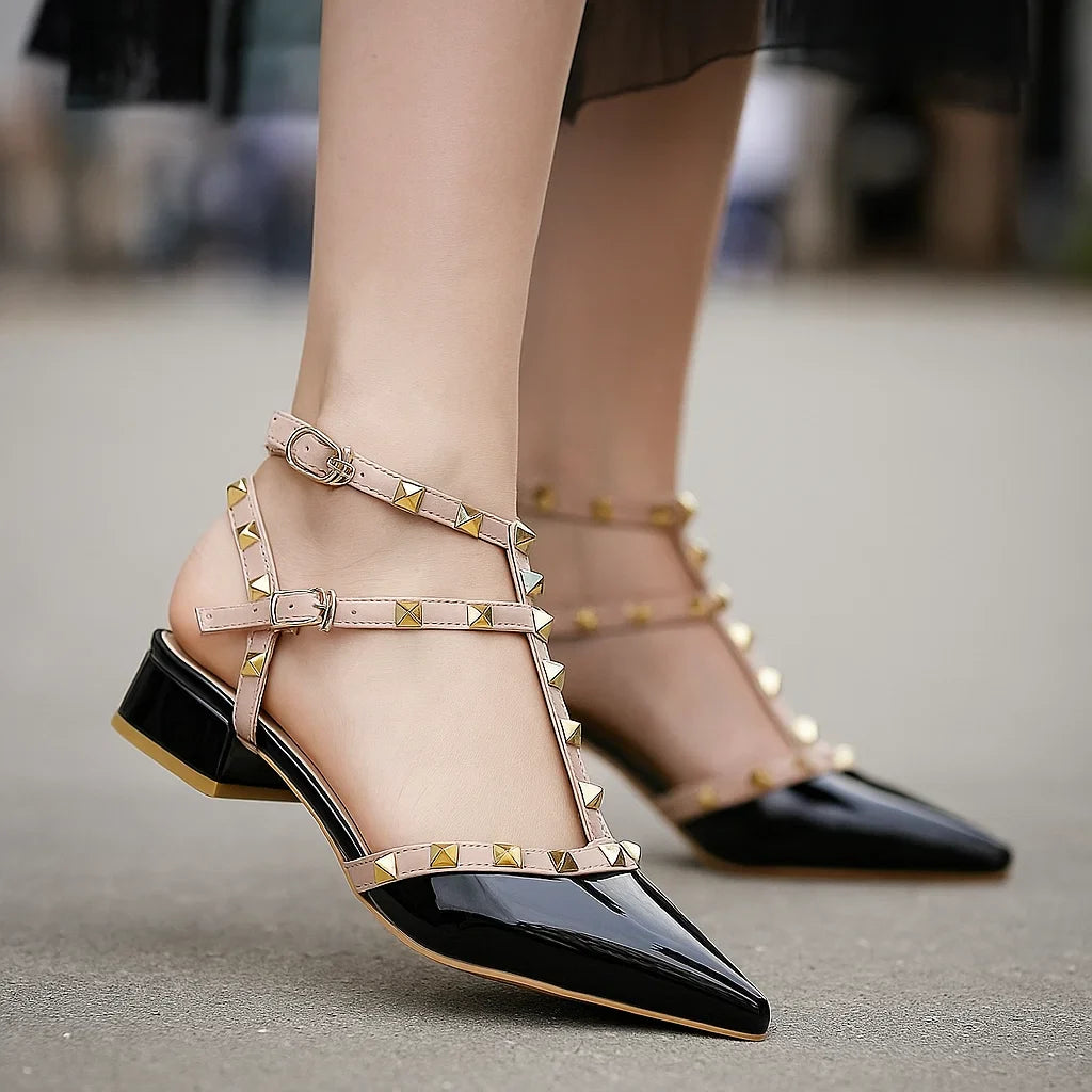 Yela | Chic Red Patent Leather Studded Block Heels With Ankle Straps