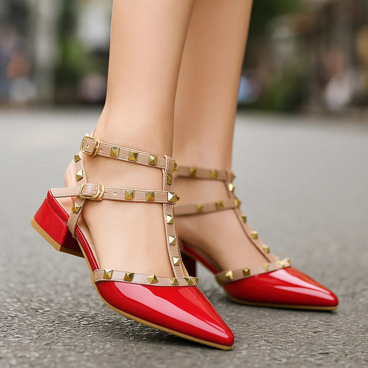 Yela | Chic Red Patent Leather Studded Block Heels With Ankle Straps