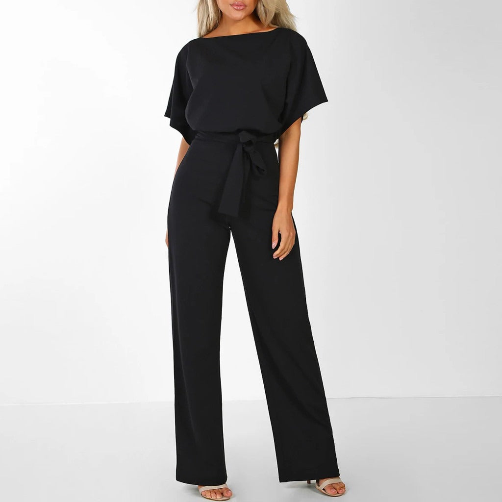 Natalia | Elegant Wide Leg Belted Jumpsuit With Short Sleeves