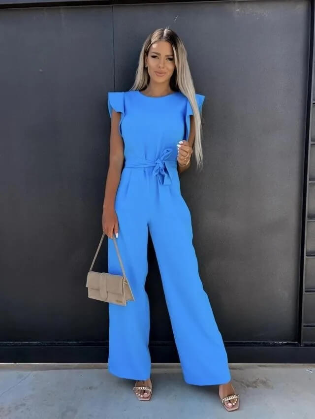 Tessa | Elegant Flutter Sleeve Belted Wide Leg Jumpsuit