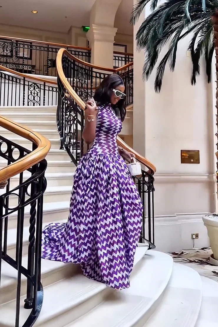 Lesley | Elegant High-Neck Sleeveless Zigzag Print Maxi Dress