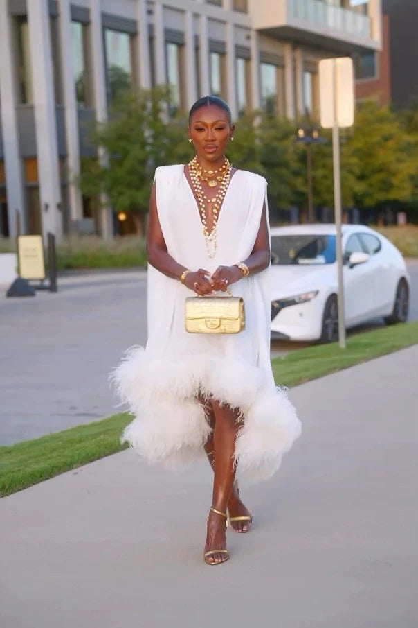 Wren | Elegant Sleeveless White Feather Trim Deep V-Neck Midi Dress