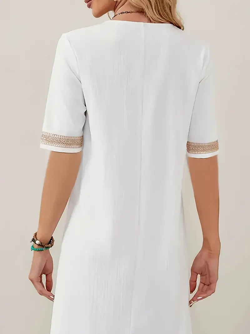 Sabrina | Chic V-Neck Crochet Detail White Summer Dress
