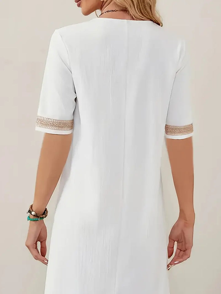 Elyse | Elegant V-Neck Crochet Detail White Summer Dress