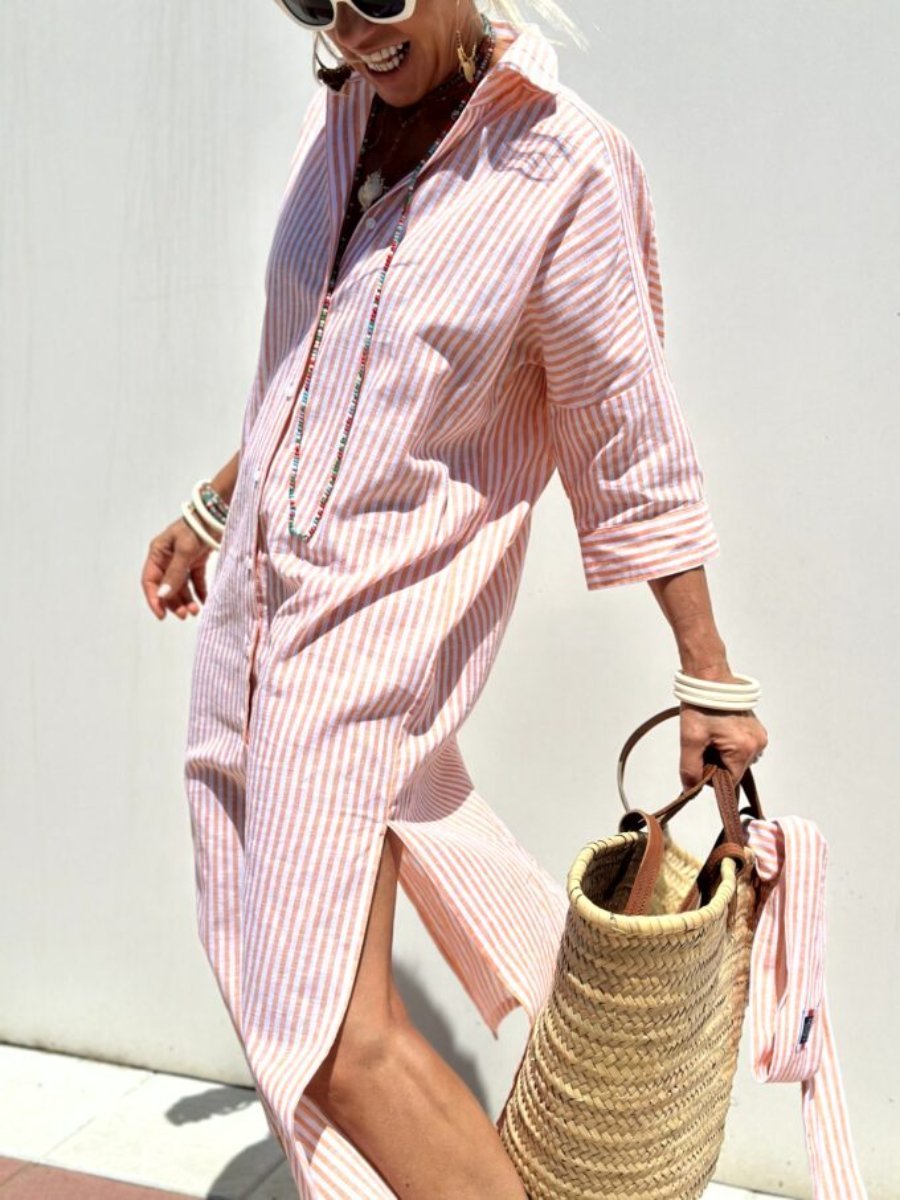 Veronica | Elegant Striped Midi Shirt Dress With Button Front