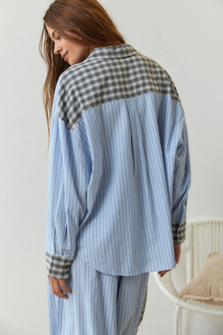 Serena | Stylish Striped Cotton Pajama Set With Plaid Trim