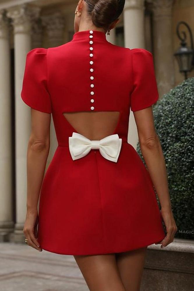 Norah | Chic Bow Backless Mini Dress With Puff Sleeves