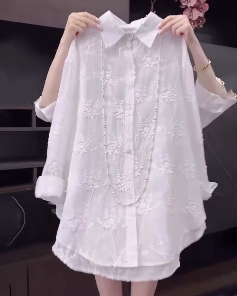 Leah | Elegant White Embroidered Blouse with Drop Shoulders