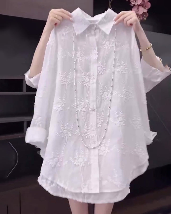 Leah | Elegant White Embroidered Blouse with Drop Shoulders