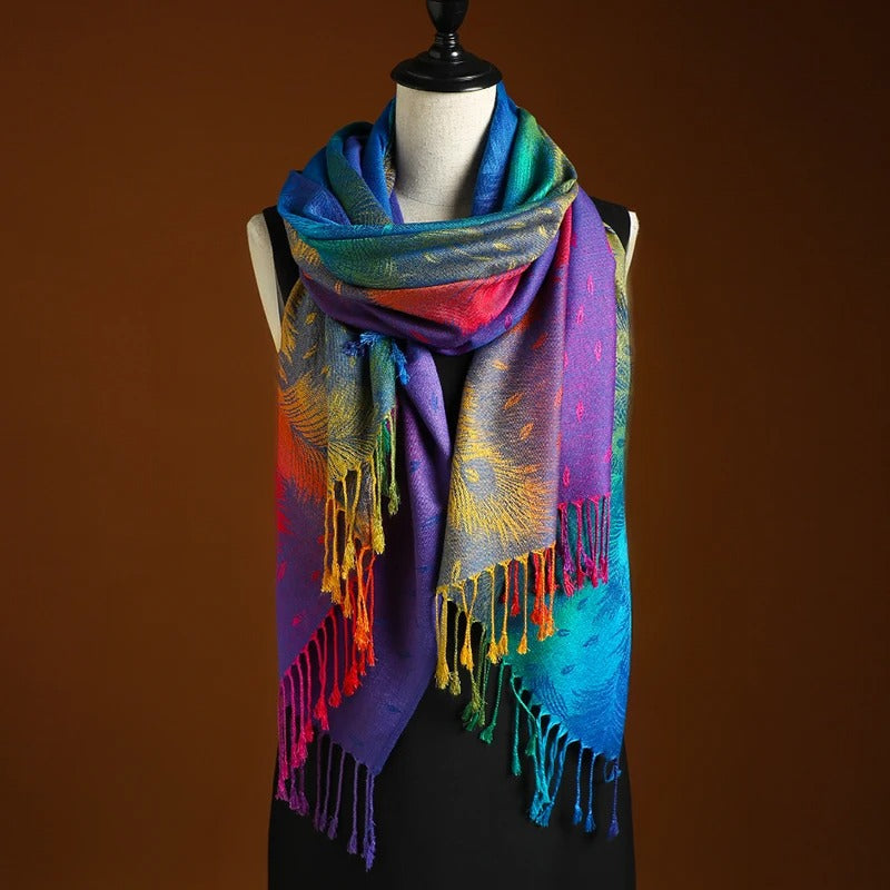 Hazel | Elegant Peacock Feather Cashmere Scarf With Fringe