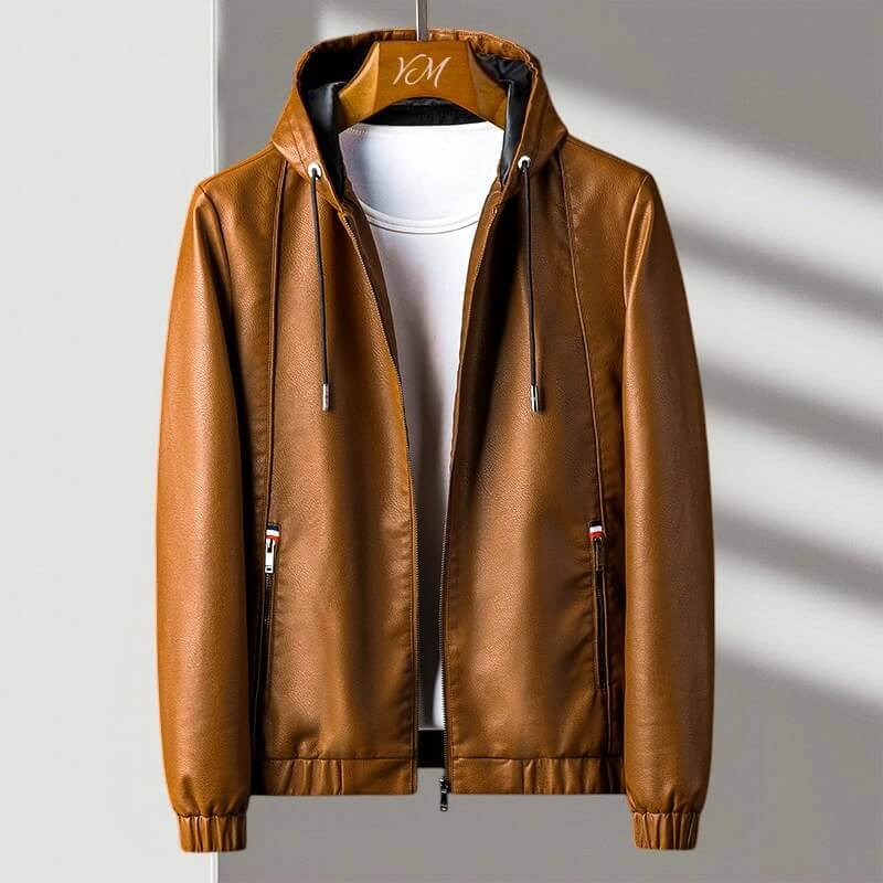 Scarlett | Sleek Hooded Brown Leather Jacket for Men