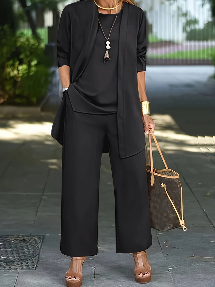 Darla | Chic Wide-Leg Three-Piece Set With Long Blazer