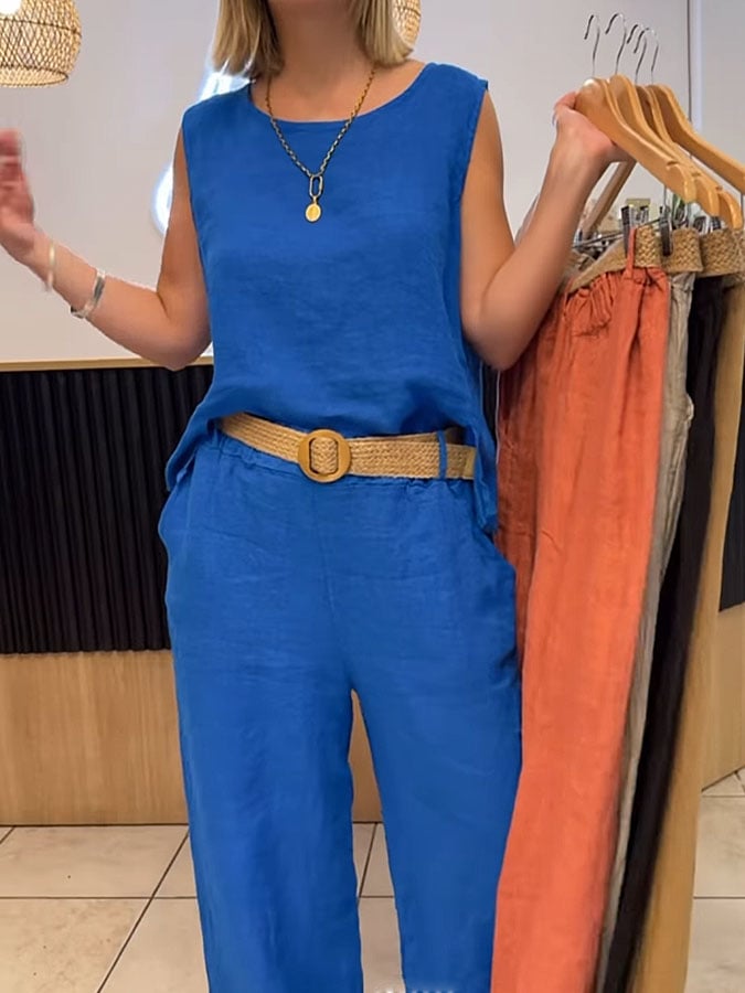 Elyse | Elegant Sleeveless Linen Two Piece Set With Wide Leg Pants