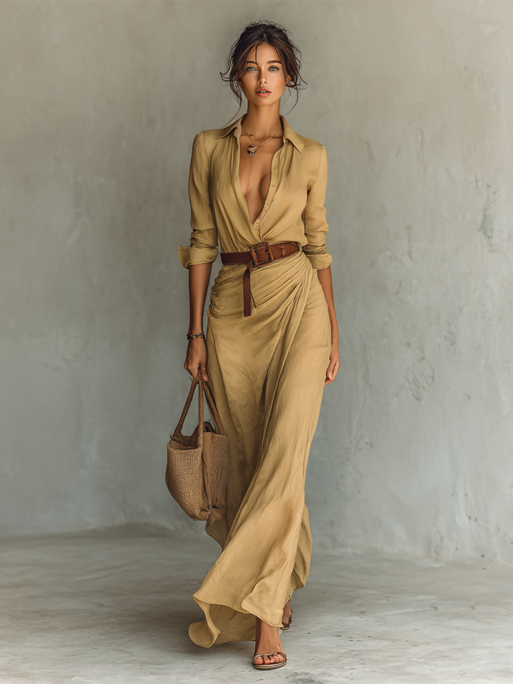 Sienna | Elegant White Wrap V-Neck Maxi Dress With Belt