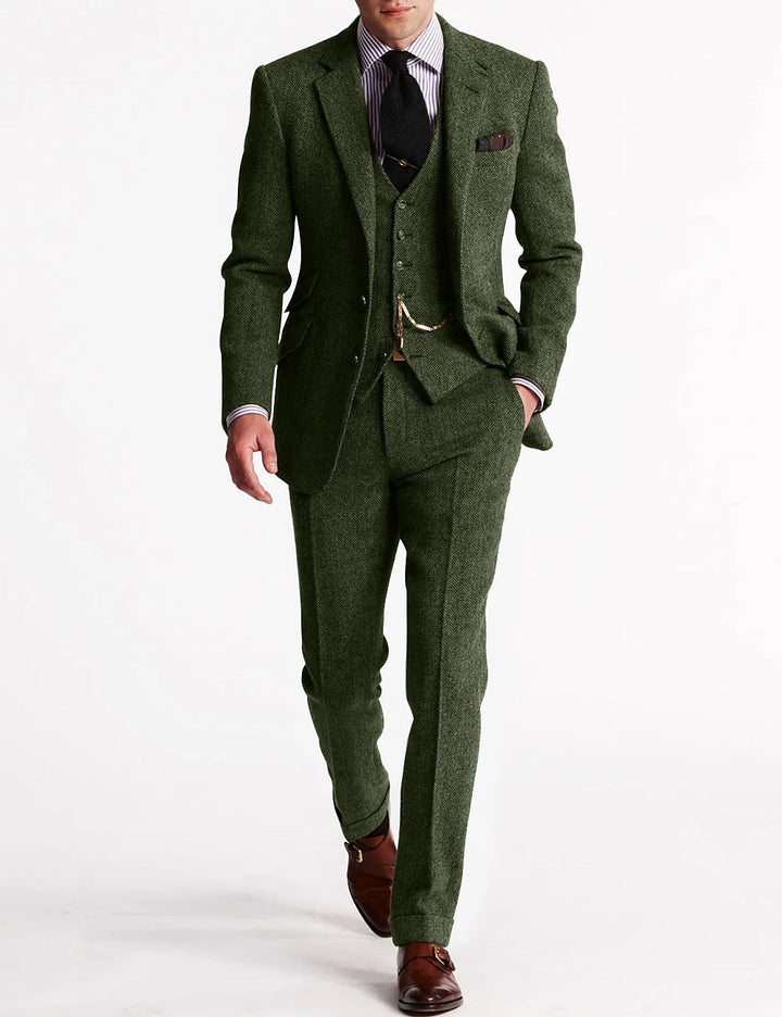 Beatrice | Elegant Men's Brown Three Piece Herringbone Suit With Vest