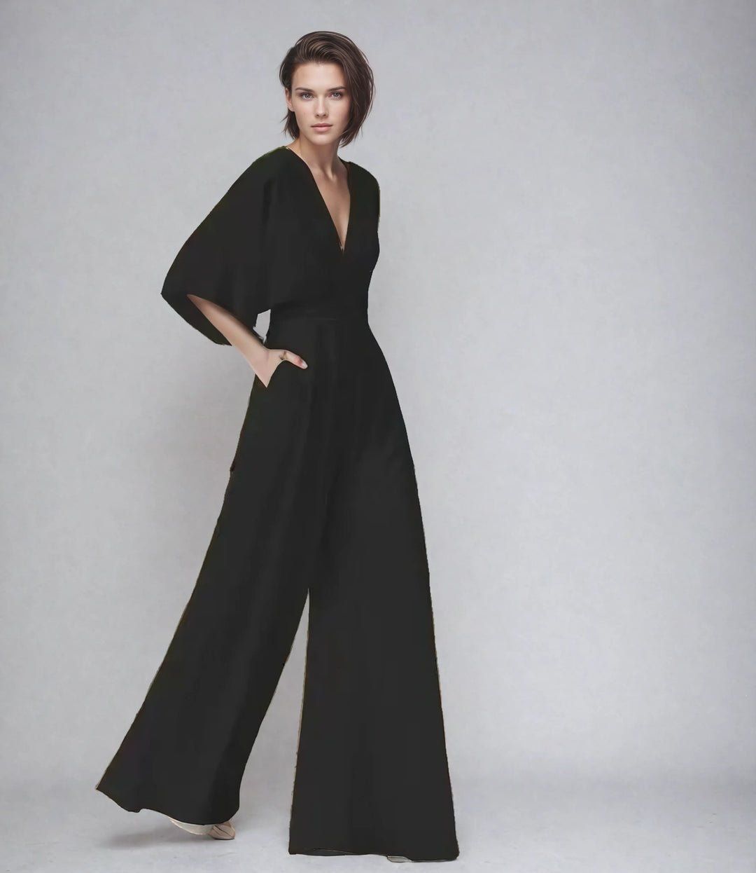 Melanie | Elegant Black Wide Leg V-Neck Butterfly Sleeve Jumpsuit