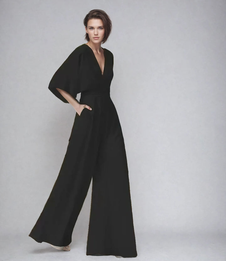 Melanie | Elegant Black Wide Leg V-Neck Butterfly Sleeve Jumpsuit