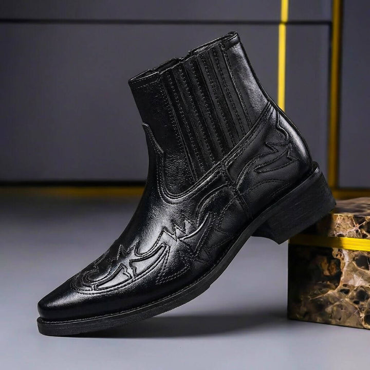 Celeste | Elegant Brown Leather Western Ankle Boots with Intricate Stitching
