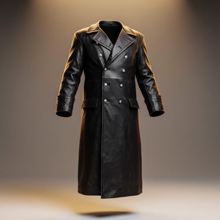 Otto | Elegant Double-Breasted Black Leather Overcoat For Men