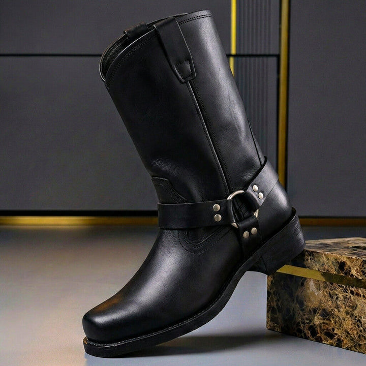 Lucy | Stylish Brown Leather Harness Boots With Metal Hardware