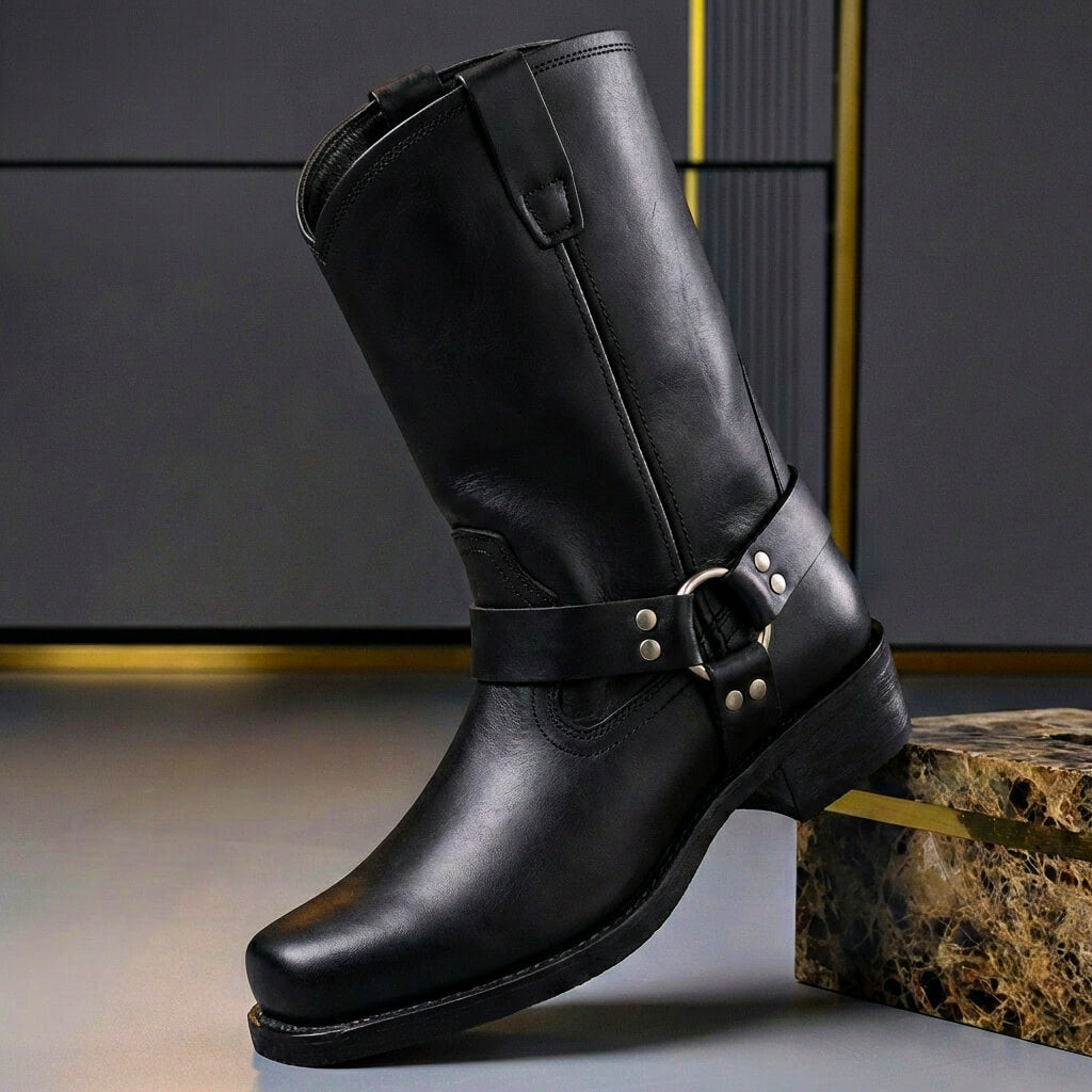 Enya | Stylish Brown Leather Harness Boots With Metal Hardware