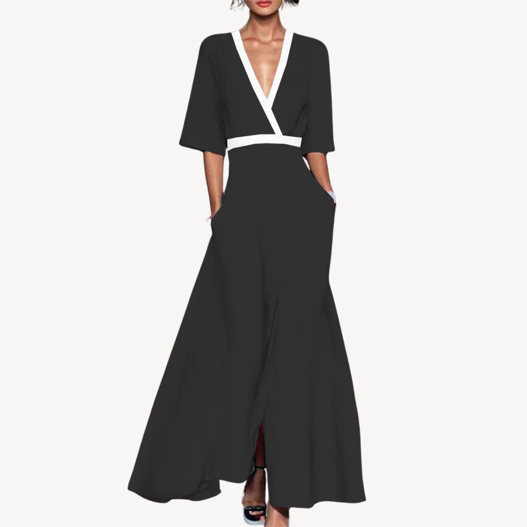 Margot | Elegant V-Neck Wrap Maxi Dress With Contrast Trim