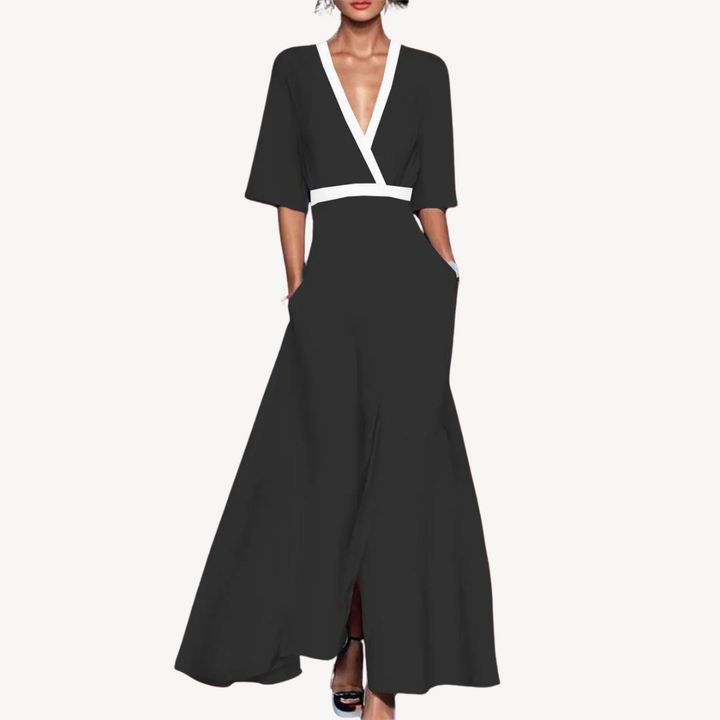 Margot | Elegant V-Neck Wrap Maxi Dress With Contrast Trim