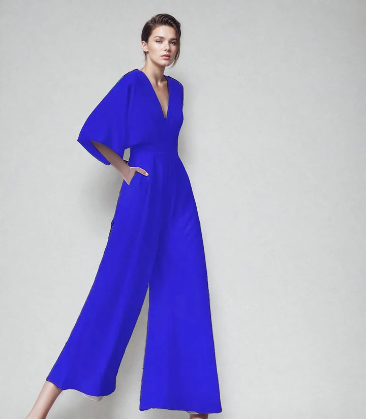 Melanie | Elegant Black Wide Leg V-Neck Butterfly Sleeve Jumpsuit
