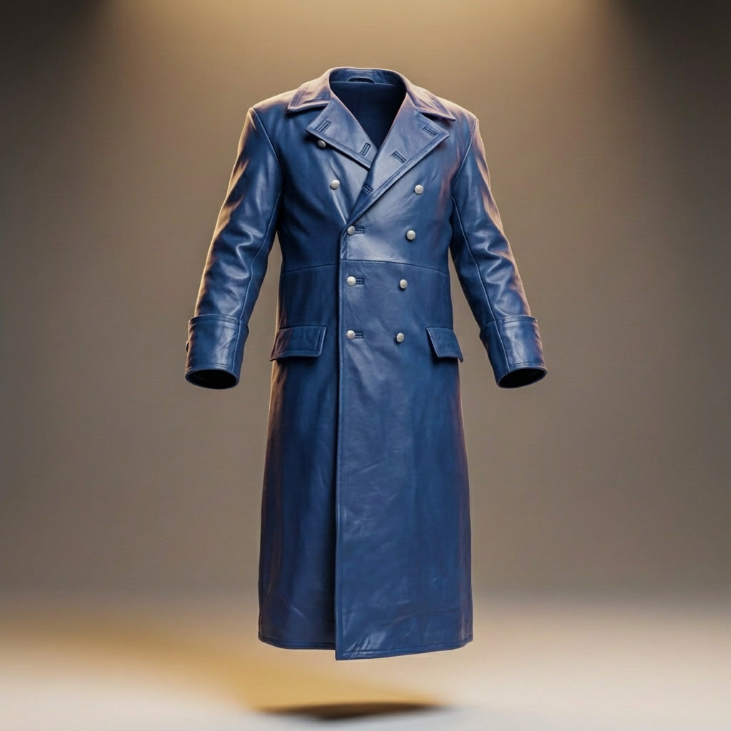 Otto | Elegant Double-Breasted Black Leather Overcoat For Men