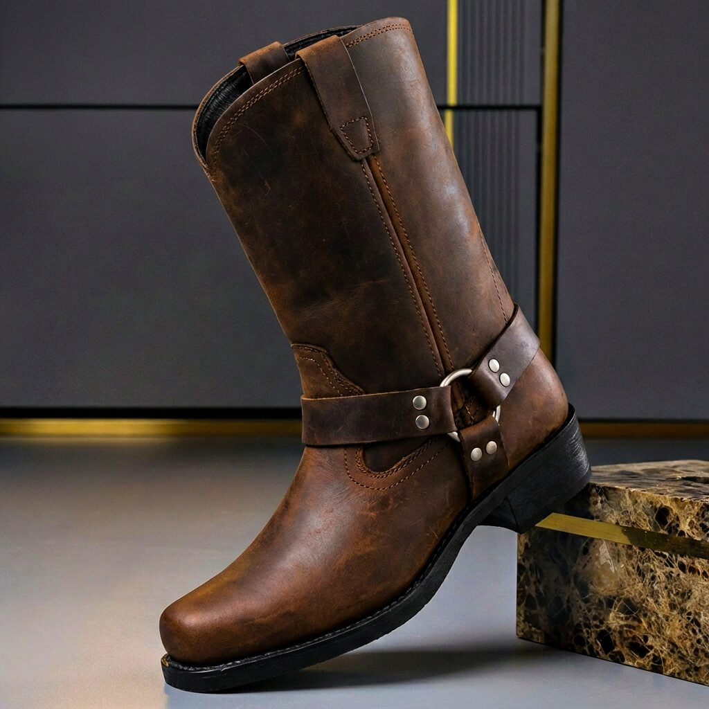 Lucy | Stylish Brown Leather Harness Boots With Metal Hardware