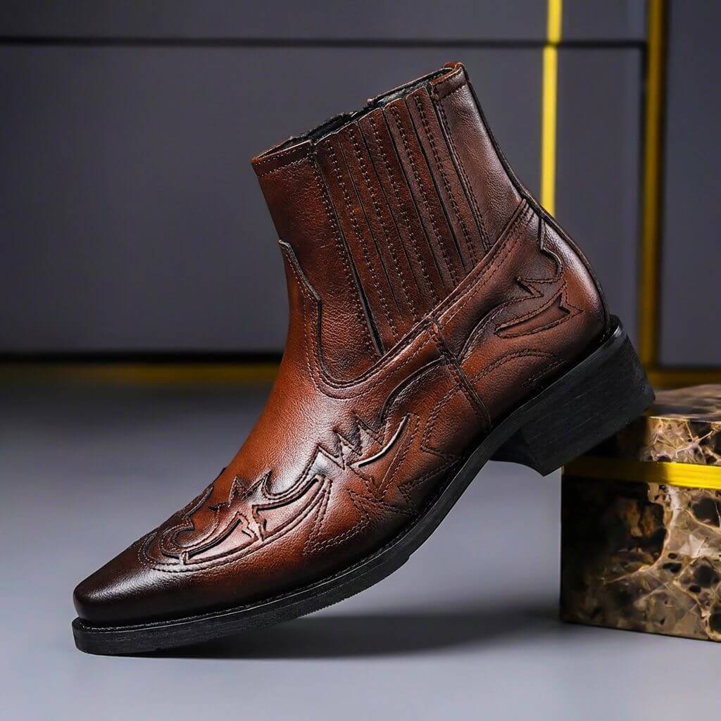 Elyse | Stylish Western Ankle Boots With Intricate Leather Detailing