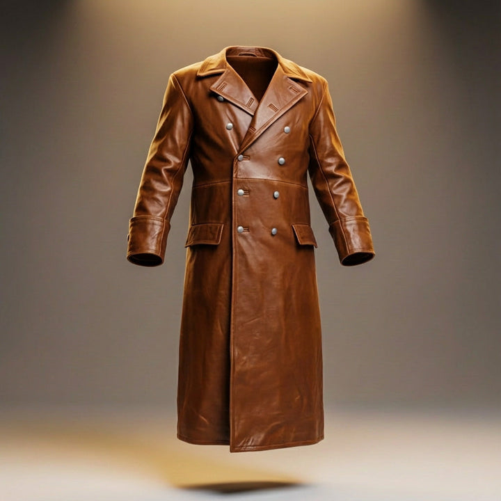 Otto | Elegant Double-Breasted Black Leather Overcoat For Men