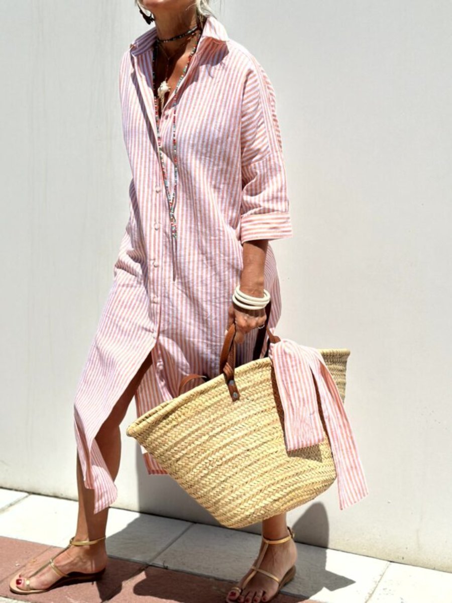 Veronica | Elegant Striped Midi Shirt Dress With Button Front