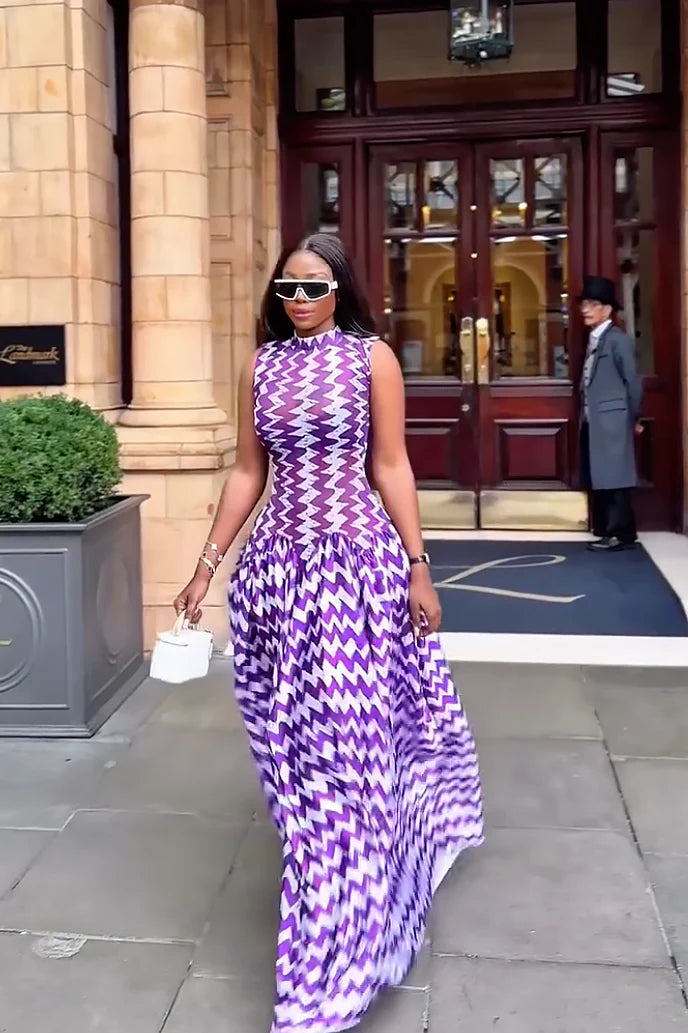 Lesley | Elegant High-Neck Sleeveless Zigzag Print Maxi Dress