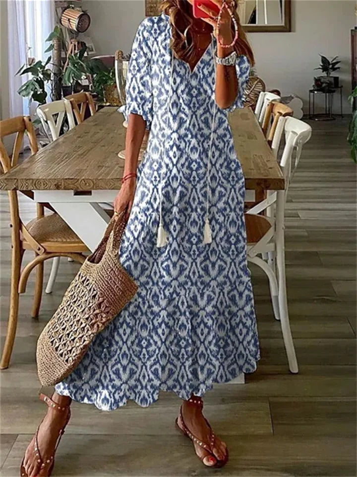 Evy | Elegant V-Neck Floral Print Maxi Dress With Short Sleeves