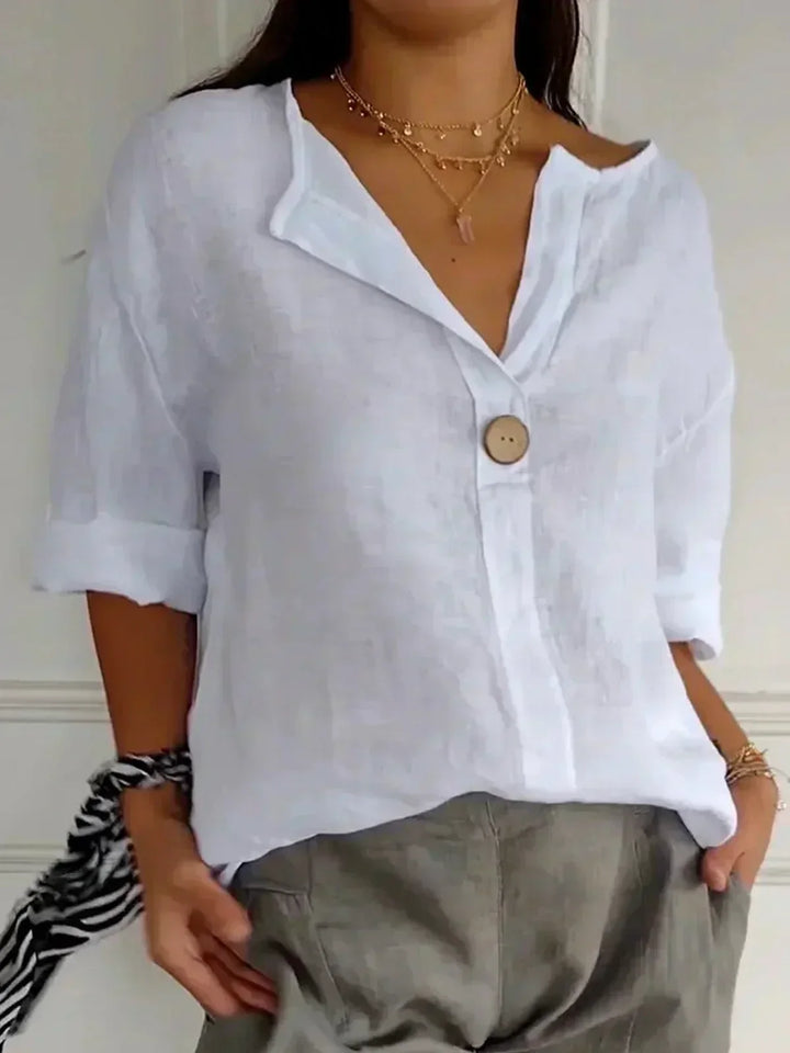 Maeve | Effortless V-Neck Linen Blouse With Button Detail
