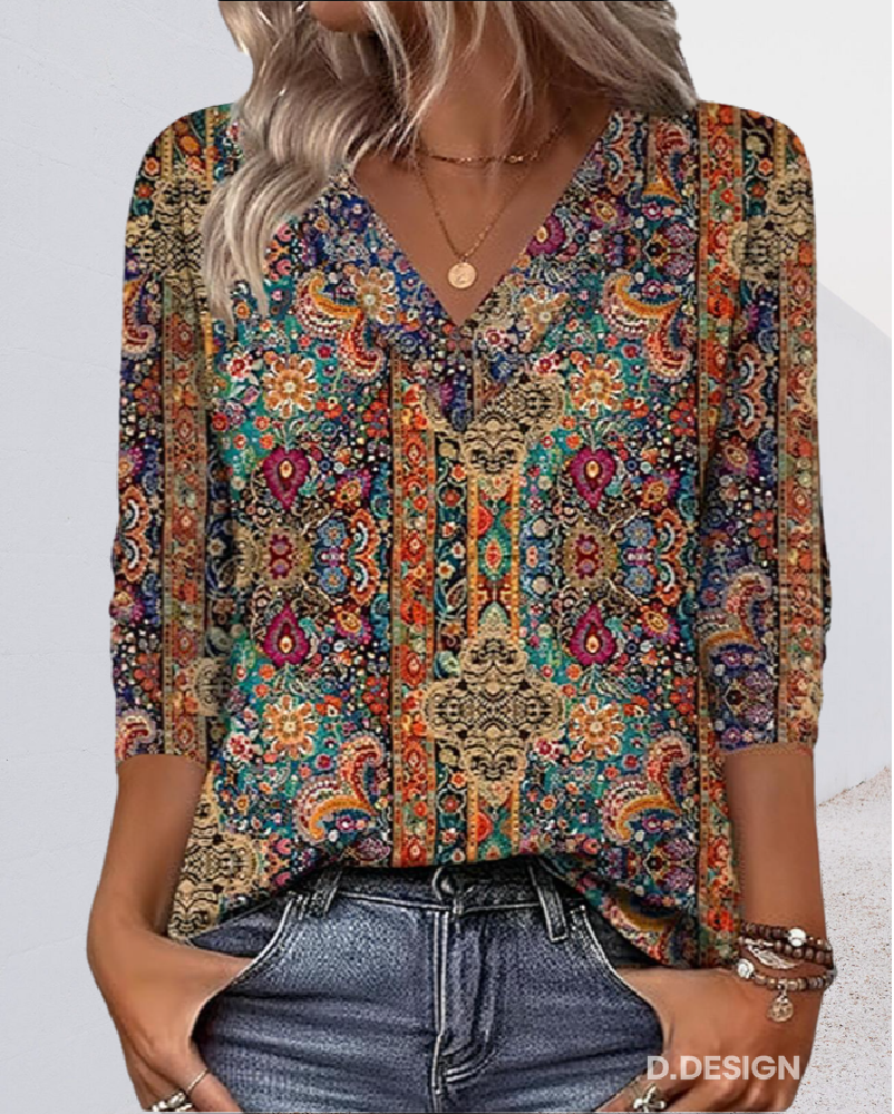 Genevieve | Bohemian V-Neck Paisley Print Blouse With 3/4 Sleeves