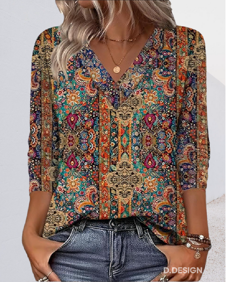 Genevieve | Bohemian V-Neck Paisley Print Blouse With 3/4 Sleeves