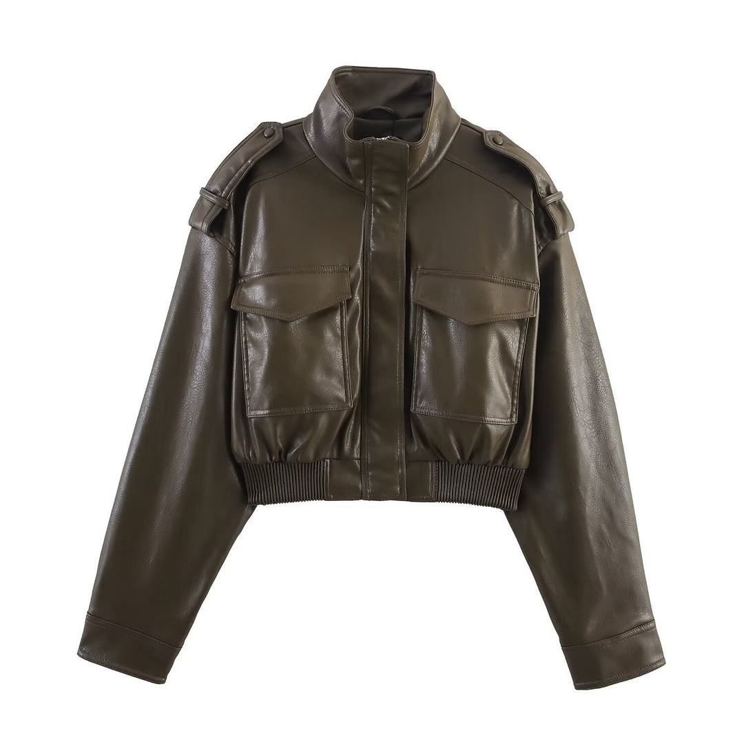 Cordelia | Chic Cropped Faux Leather Bomber Jacket With Ribbed Cuffs