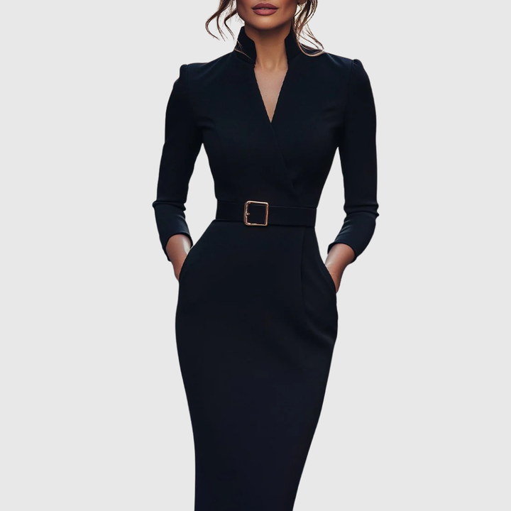 Lucinda | Elegant Black Wrap Midi Dress With Belt