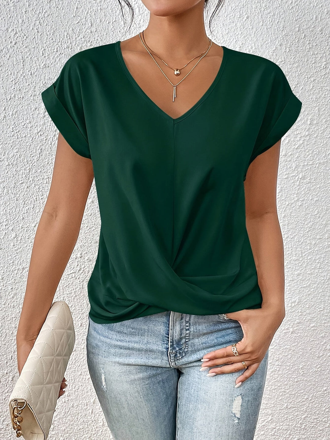 Grace | Stylish V-Neck Twisted Hem Short Sleeve Top