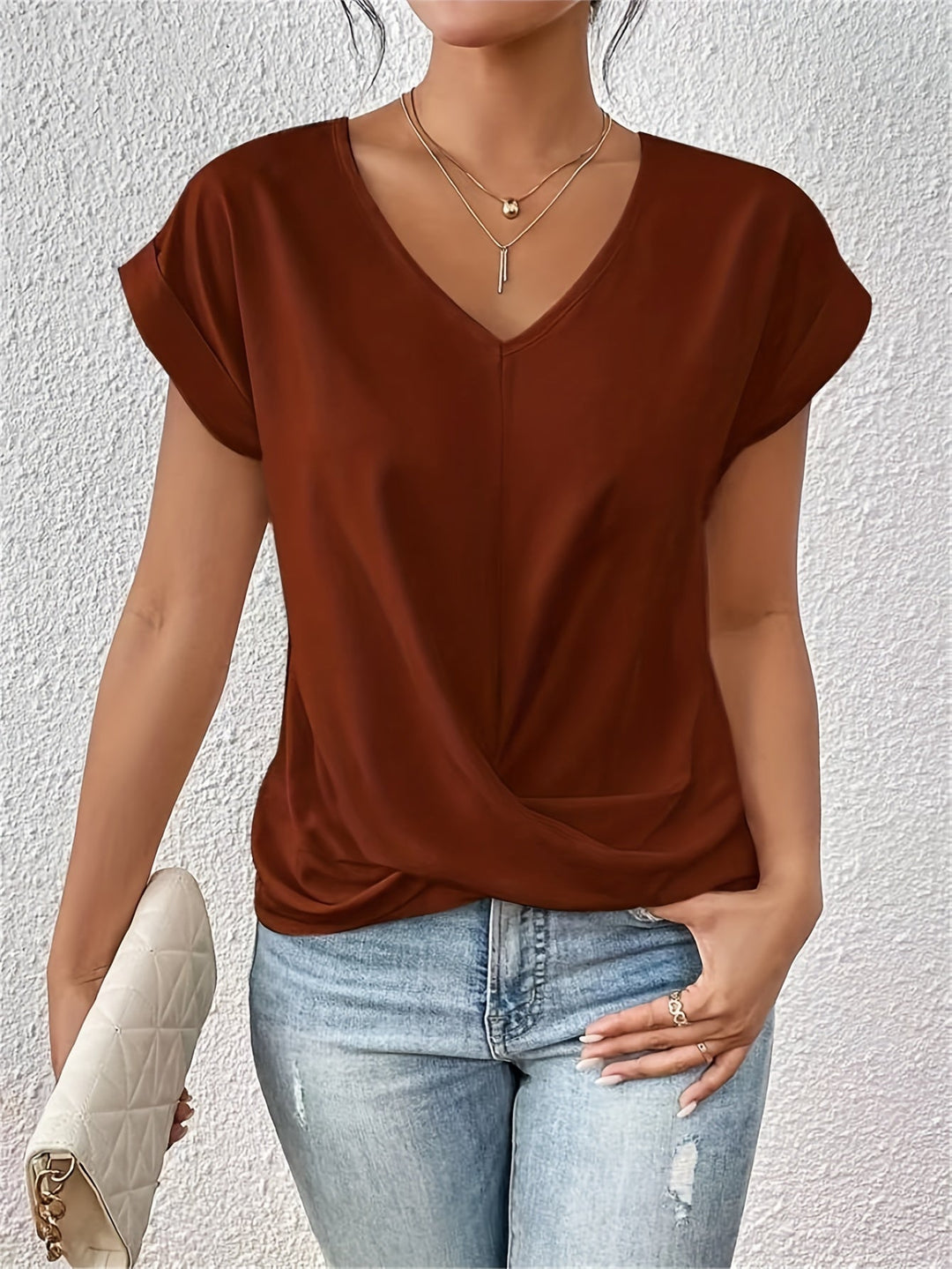 Grace | Stylish V-Neck Twisted Hem Short Sleeve Top