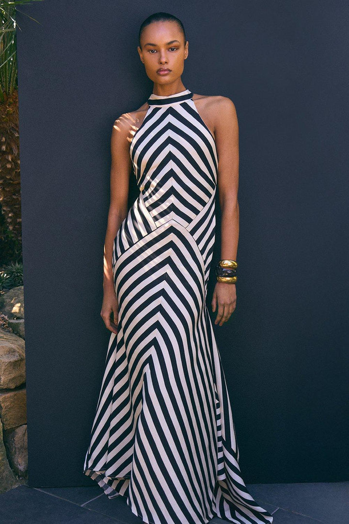 Beverly | Elegant Chevron Stripe Halter Maxi Dress