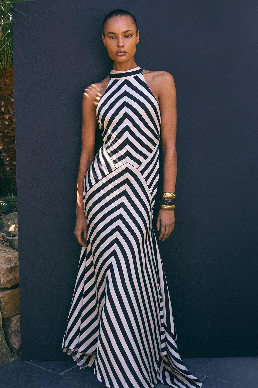 Beverly | Elegant Chevron Stripe Halter Maxi Dress