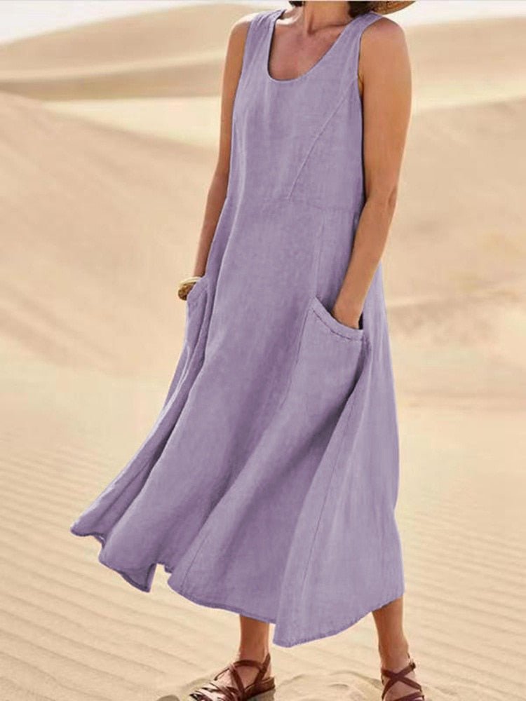 Eloise | Sleeveless Scoop Neck Maxi Dress With Side Pockets
