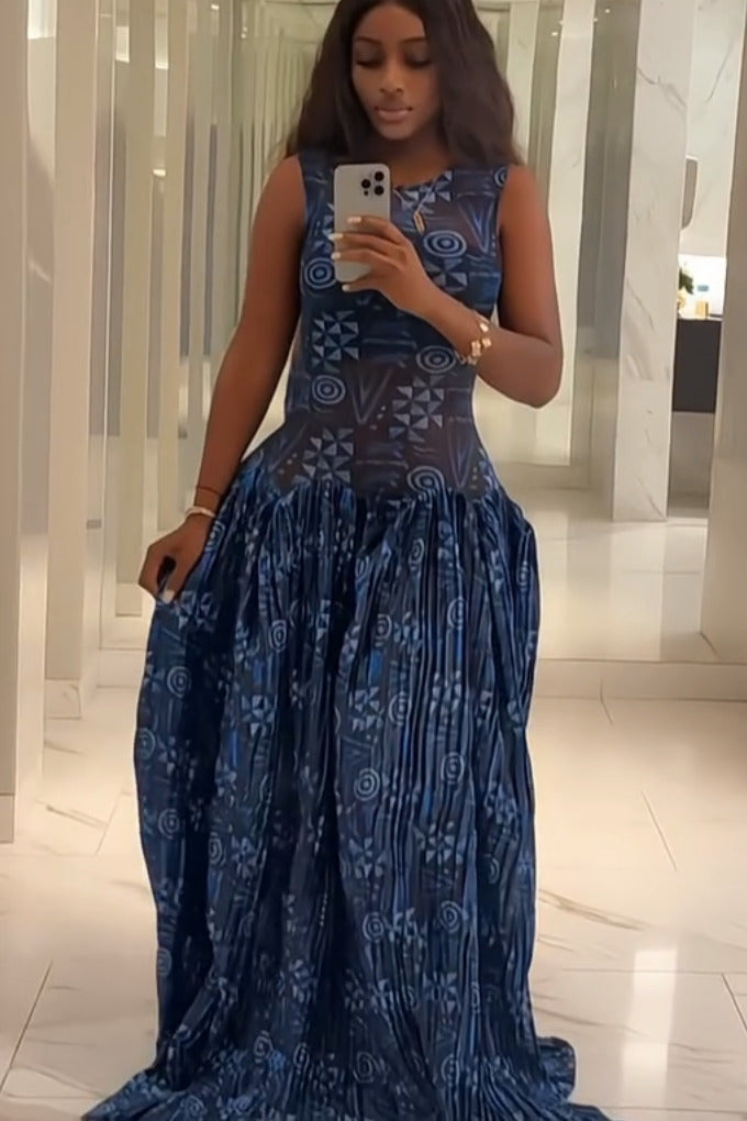 Kimberly | Elegant Adinkra Pleated Maxi Dress